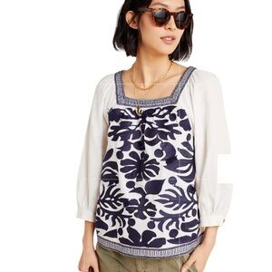 Anthropologie Maeve Liyah Embroidered Blouse White Navy Blue Size 6
